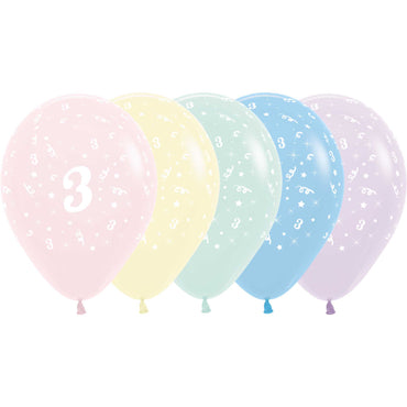 Age 3 Pastel Matte Assorted Latex Balloons 30cm 25pk