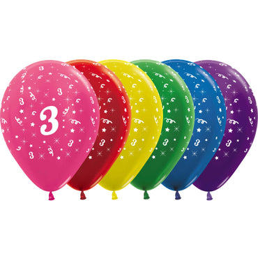 Age 3 Metallic Assorted Latex Balloons 30cm 25pk