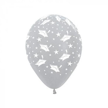 Graduation Hats & Stars Satin Pearl Silver Latex Balloons 30cm 12pk