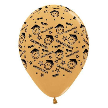 Graduation Smiley Faces Metallic Gold Latex Balloons 30cm 6pk