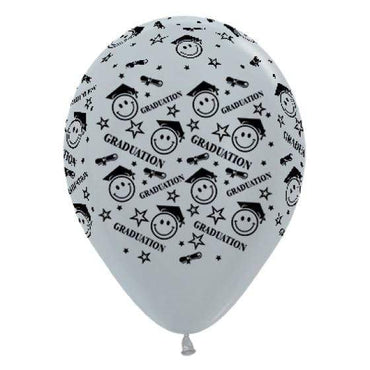Graduation Smiley Faces Satin Pearl Silver Latex Balloons 30cm 6pk