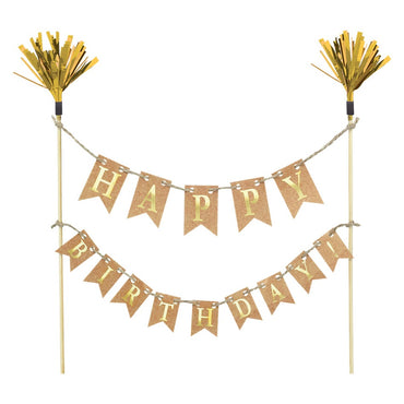 Happy Birthday Gold Cake Picks Banner - Party Savers