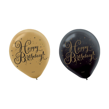 Gold Happy Birthday Latex Balloons Gold & Black 30cm 15pk - Party Savers