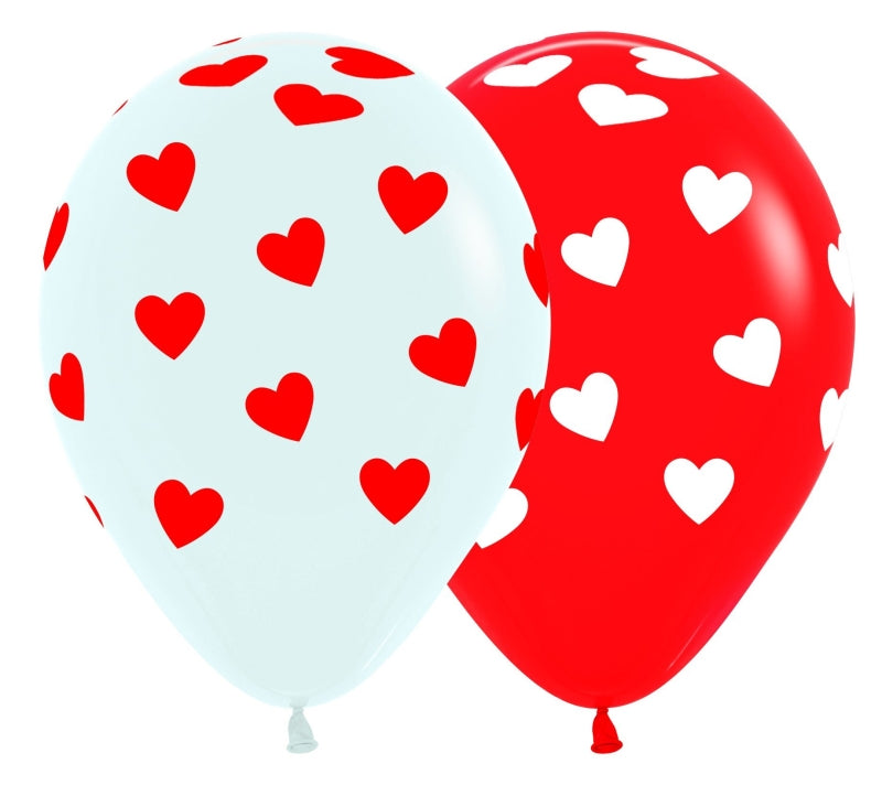 Hearts Printed Red & White Latex Balloons 30cm 12Pk - Party Savers