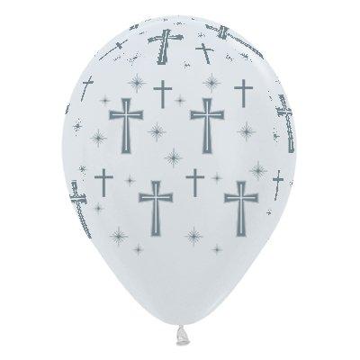 Holy Cross Satin Pearl White & Silver Ink Latex Balloons 30cm 25pk