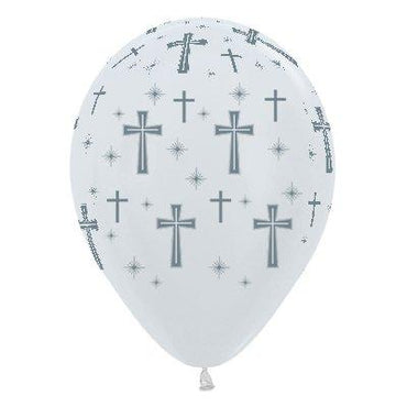 Holy Cross Satin Pearl White & Silver Ink Latex Balloons 30cm 25pk
