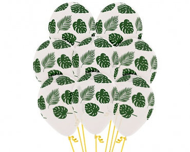 Fashion White Latex Balloons With Forest Green Leaves 30cm 12pk - Party Savers
