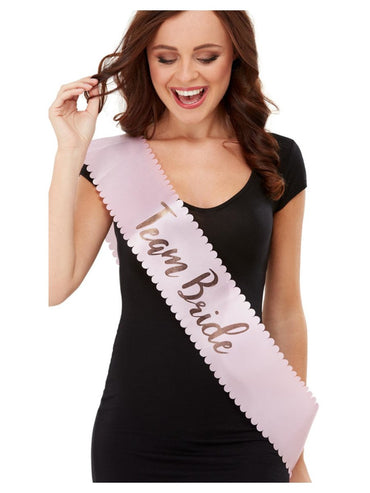 Team Bride Sash, Pink & Gold with Scalloped Edge each