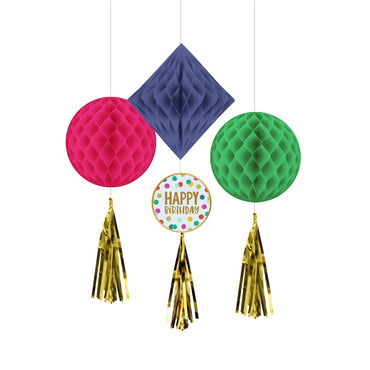 Happy Dots Happy Birthday Hanging Honeycomb Decorations & Tassels 3pk
