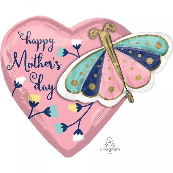 Happy Mother's Day Butterfly & Heart Supershape Foil Balloon 66cm x 60cm Each