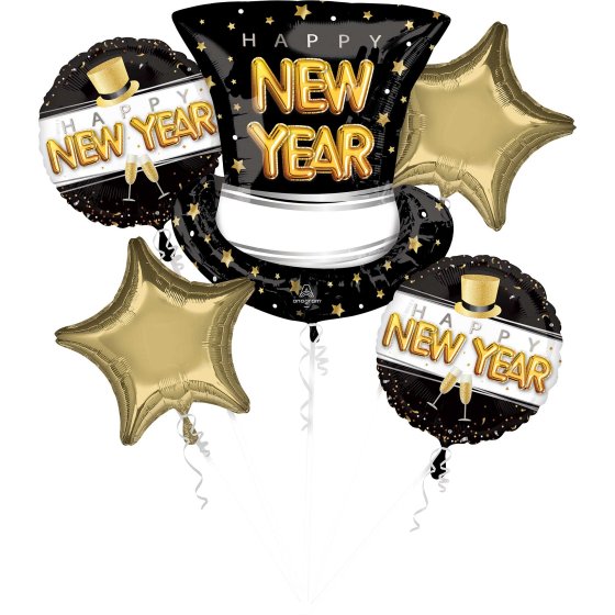 Happy New Year Pop Clink Cheers Foil Balloon Bouquet 5pk