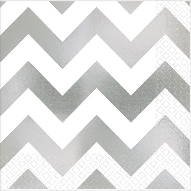 Silver Premium Chevron Hot-Stamped Beverage Napkins 16pk - Party Savers