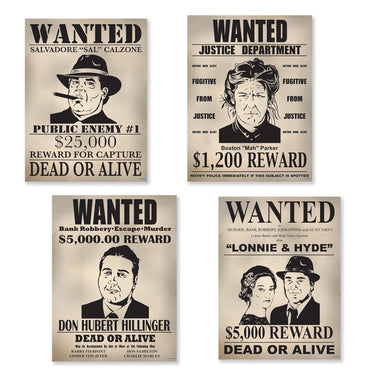 Gangster Wanted Sign Cardboard Cutouts 4pk - Party Savers
