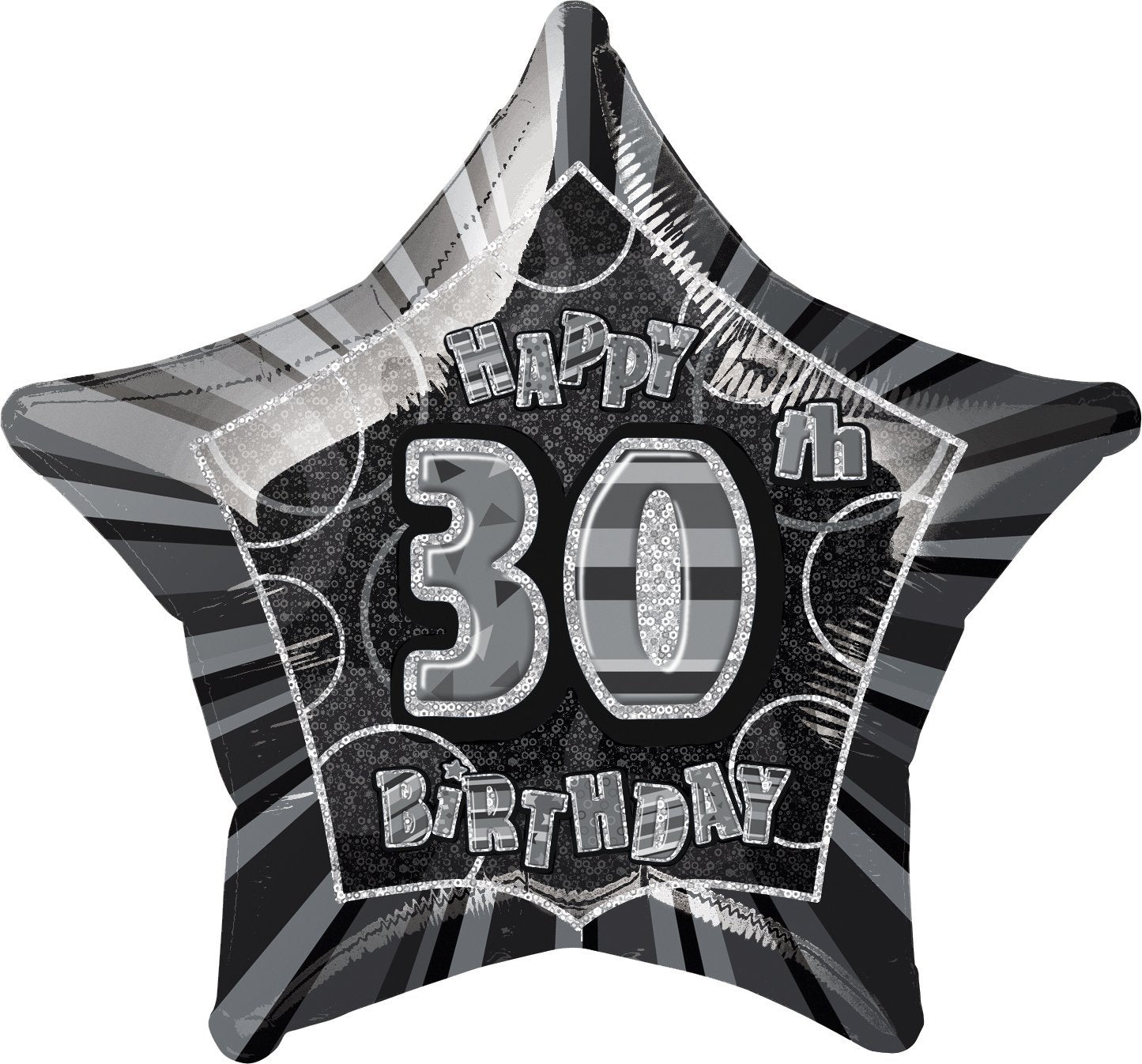 Black Glitz 30th Birthday Star Foil Balloon 50cm - Party Savers