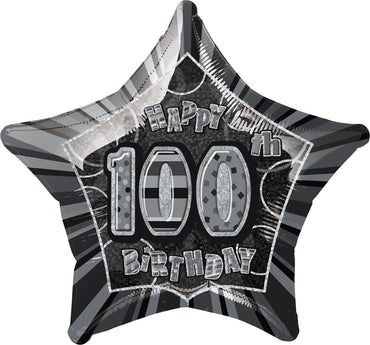 Black Glitz 100th Birthday Star Foil Balloon 50cm - Party Savers