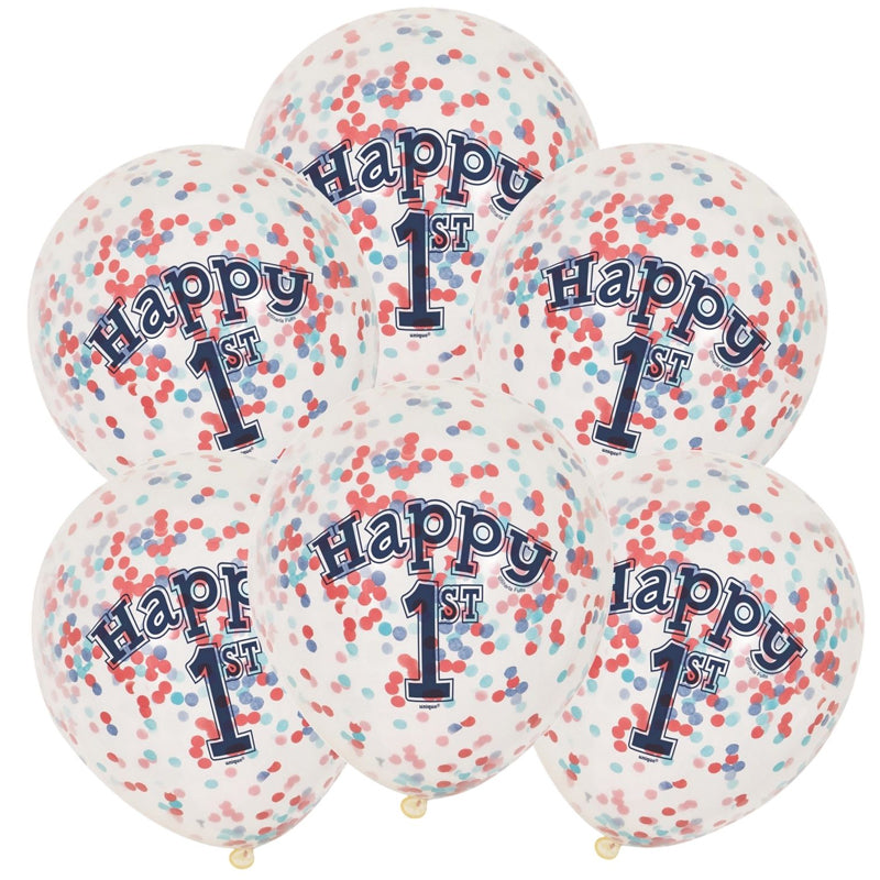 Nautical 1st Birthday Clear Balloons With Confetti 30cm 6pk - Party Savers