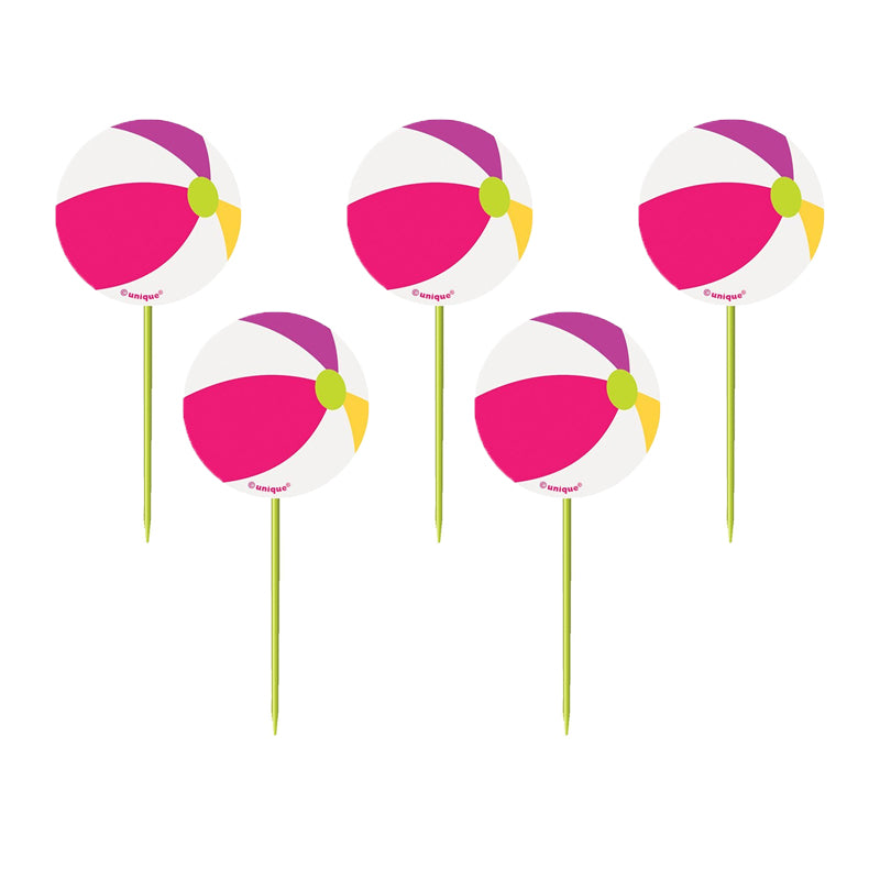 Beach Ball Decal Picks 8cm 8pk - Party Savers