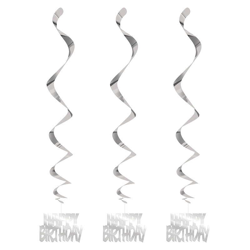 Silver Happy Birthday Hanging Swirls 3pk - Party Savers