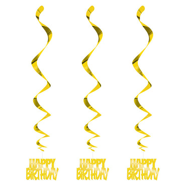 Gold Happy Birthday Hanging Swirls 3pk - Party Savers