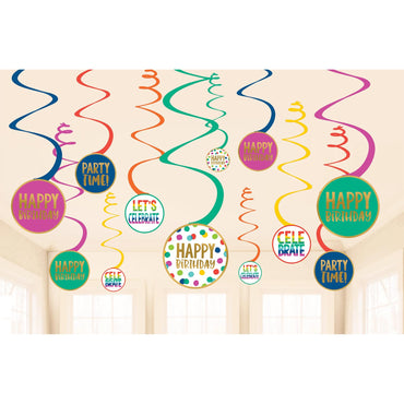 Happy Dots Happy Birthday Spiral Swirls Hanging Decorations 12pk
