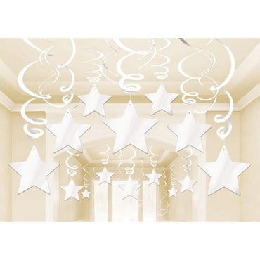 Frosty White Shooting Stars Foil Mega Value Pack Swirl Decorations 30pk - Party Savers