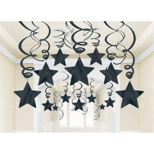 Jet Black Shooting Stars Foil Mega Value Pack Swirl Decorations 30pk - Party Savers