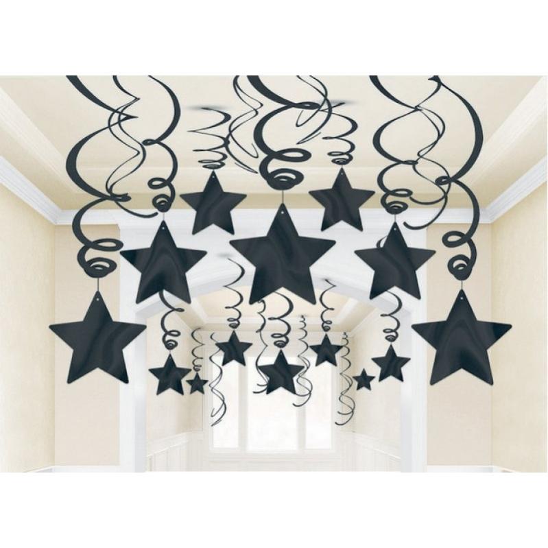 Jet Black Shooting Stars Foil Mega Value Pack Swirl Decorations 30pk - Party Savers