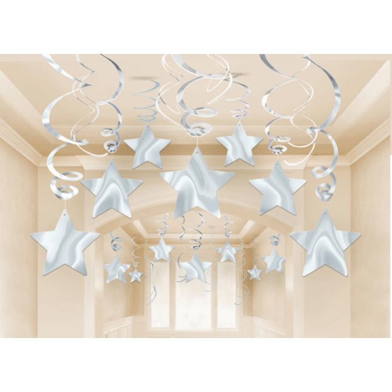 Silver Shooting Stars Foil Mega Value Pack Swirl Decorations 30pk - Party Savers
