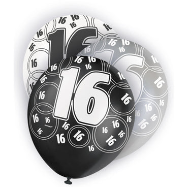 Black Glitz 16th Birthday Latex Balloons 30cm 6pk - Party Savers