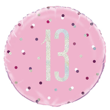 Pink 13 Prismatic Foil Balloon Packaged 45cm Each