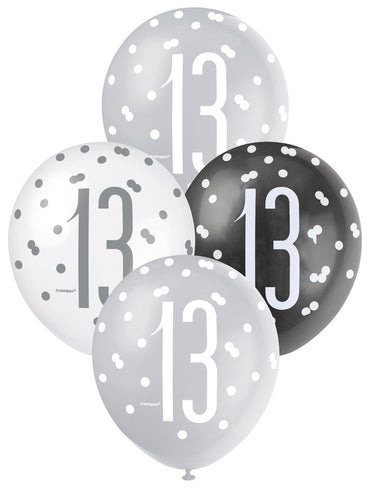 Black, Silver and White Assorted 13 Latex Balloons 30cm 6pk
