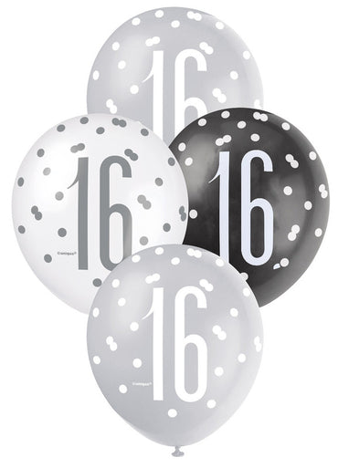Black, Silver and White Assorted 16 Latex Balloons 30cm 6pk