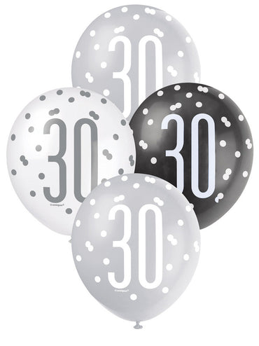 Black, Silver & White Assorted 30 Latex Balloons 30cm 6pk