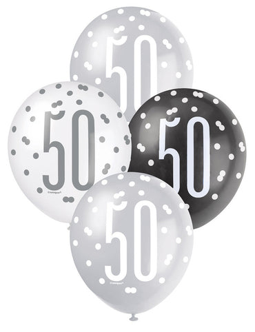 Black, Silver and White Assorted 50 Latex Balloons 30cm 6pk
