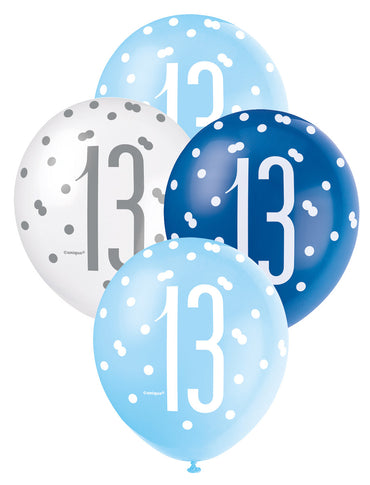 Blue and White Assorted 13 Latex Balloons 30cm 6pk
