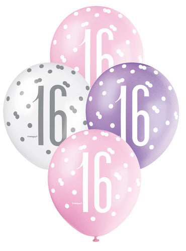 Pink, Purple and White Assorted 16 Latex Balloons 30cm 6pk