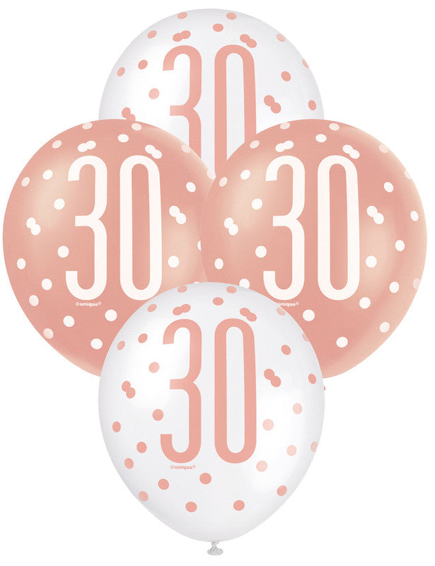 Rose Gold & White Assorted 30 Latex Balloons 30cm 6pk