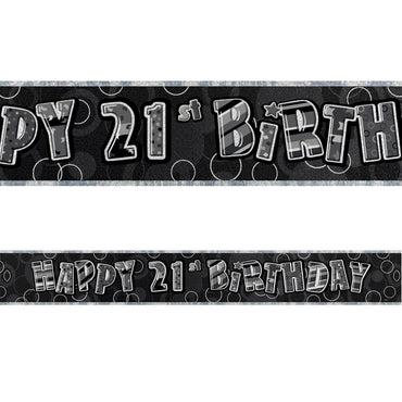 Black Glitz 21st Birthday Foil Banner 3.6m - Party Savers