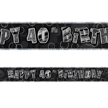 Black Glitz 40th Birthday Foil Banner 3.6m - Party Savers