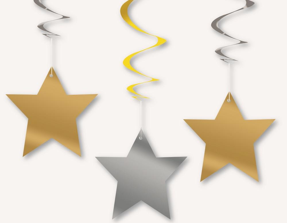 Gold Star Hanging Swirl Decorations 90cm 3pk - Party Savers