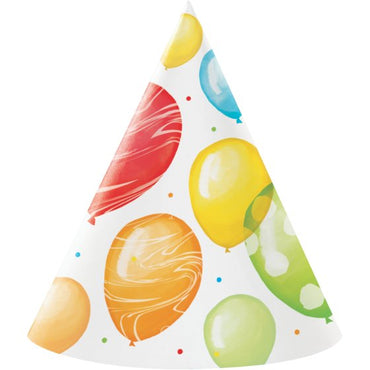 Balloon Bash Birthday Cone Shaped Party Hats 17cm x 14cm 8pk