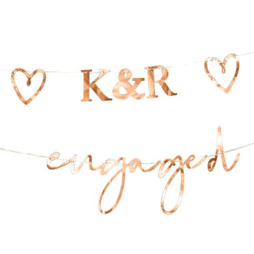 Rose Gold Engaged Bunting with Customisable Initials & Hearts 27pk