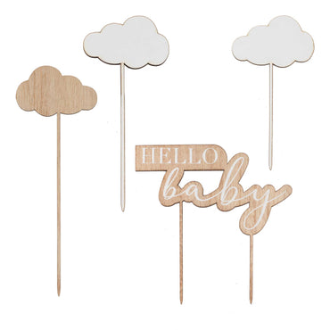 Hello Baby Wooden Hello Baby & Clouds Baby Shower Cake Topper 7pk