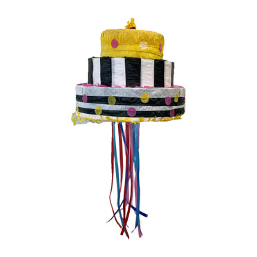 Pink, Yellow, Black & White Cake 3D Shape Pull String Pinata Each