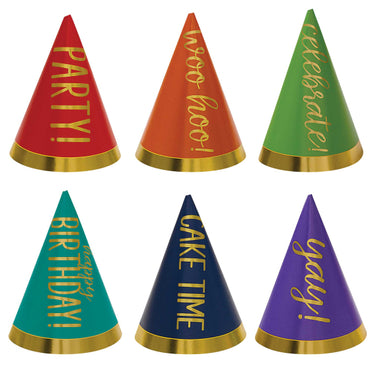 Rainbow Colours Foil Mini Party Cone Hats 10cm 12pk