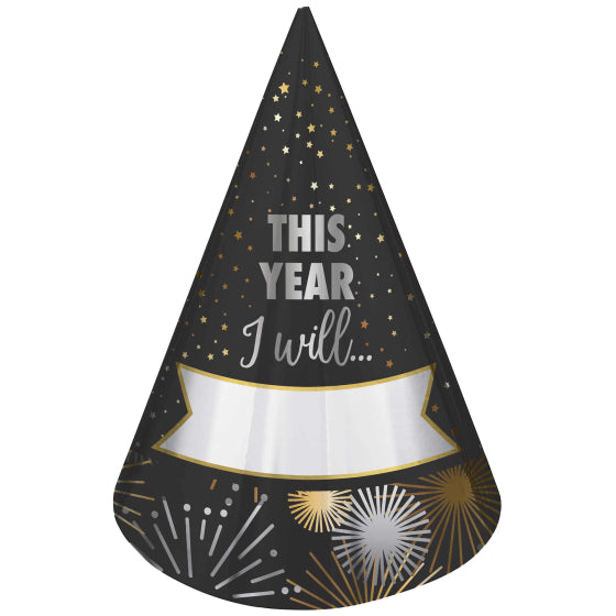 New Year's Eve Resolution This Year I will - Fill In Cone Hats 22cm 8pk