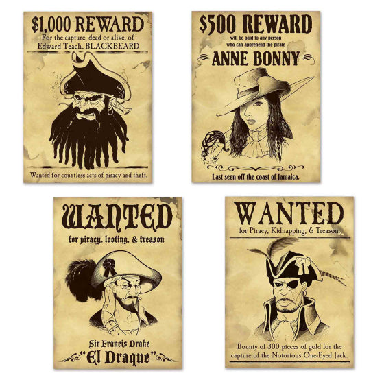 Pirate Wanted Sign Cutouts 19cm x 40cm 4pk
