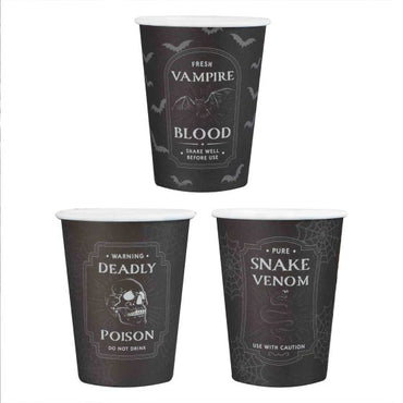 Deadly Soiree Black Potion Label Halloween Paper Party Cups FSC 266ml 8pk