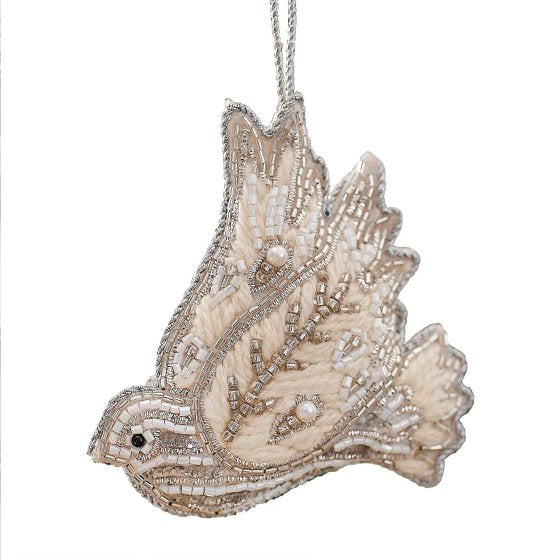 White Christmas Turtle Dove Embroidered Hanging Tree Decoration Each