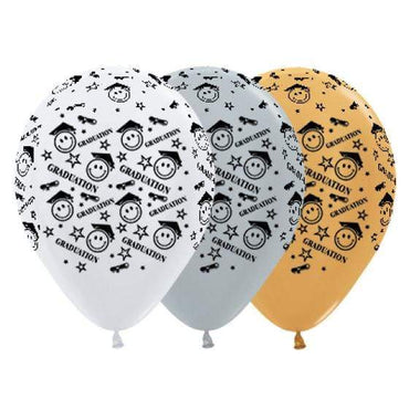 Graduation Smiley Faces Satin White, Silver & Metallic Gold Latex Balloons 30cm 25pk